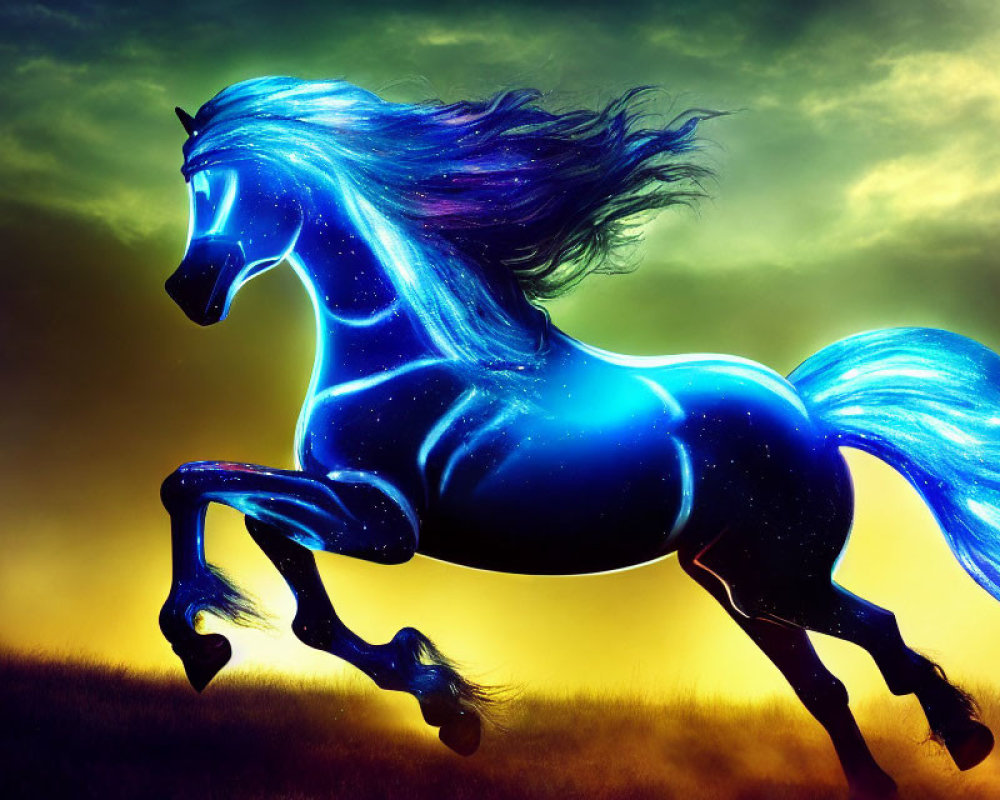 Majestic glowing blue horse with starry night sky body galloping at dusk