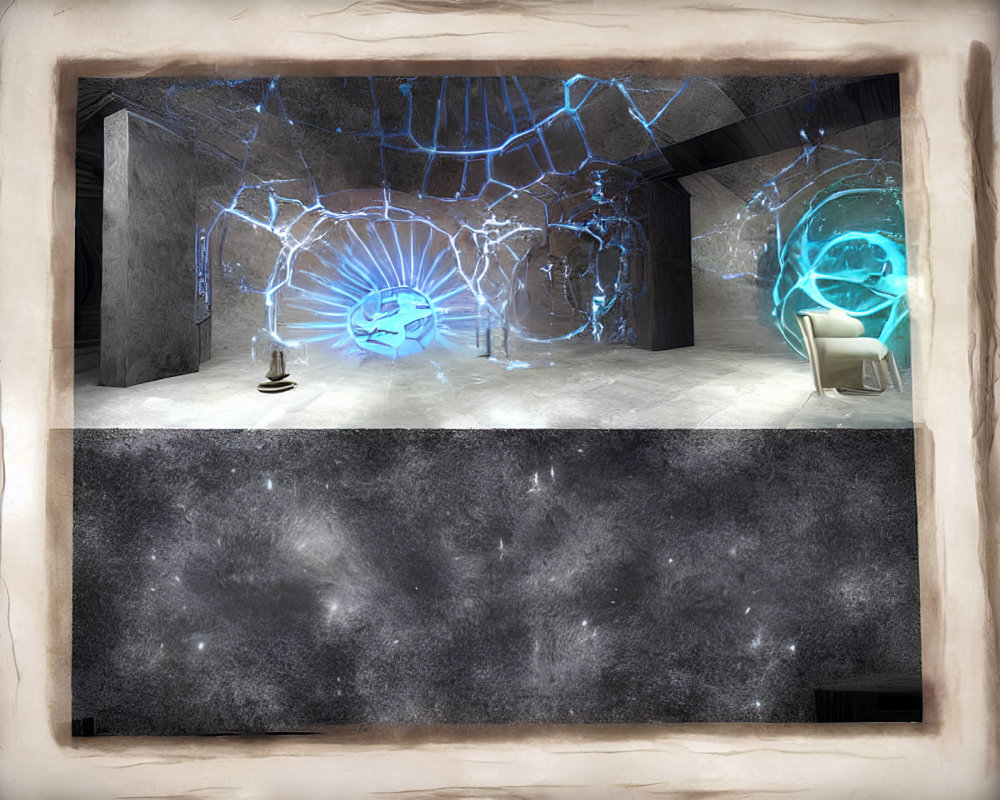 Ethereal room with glowing blue portal, cracked energy, chair, chess pieces, and starry