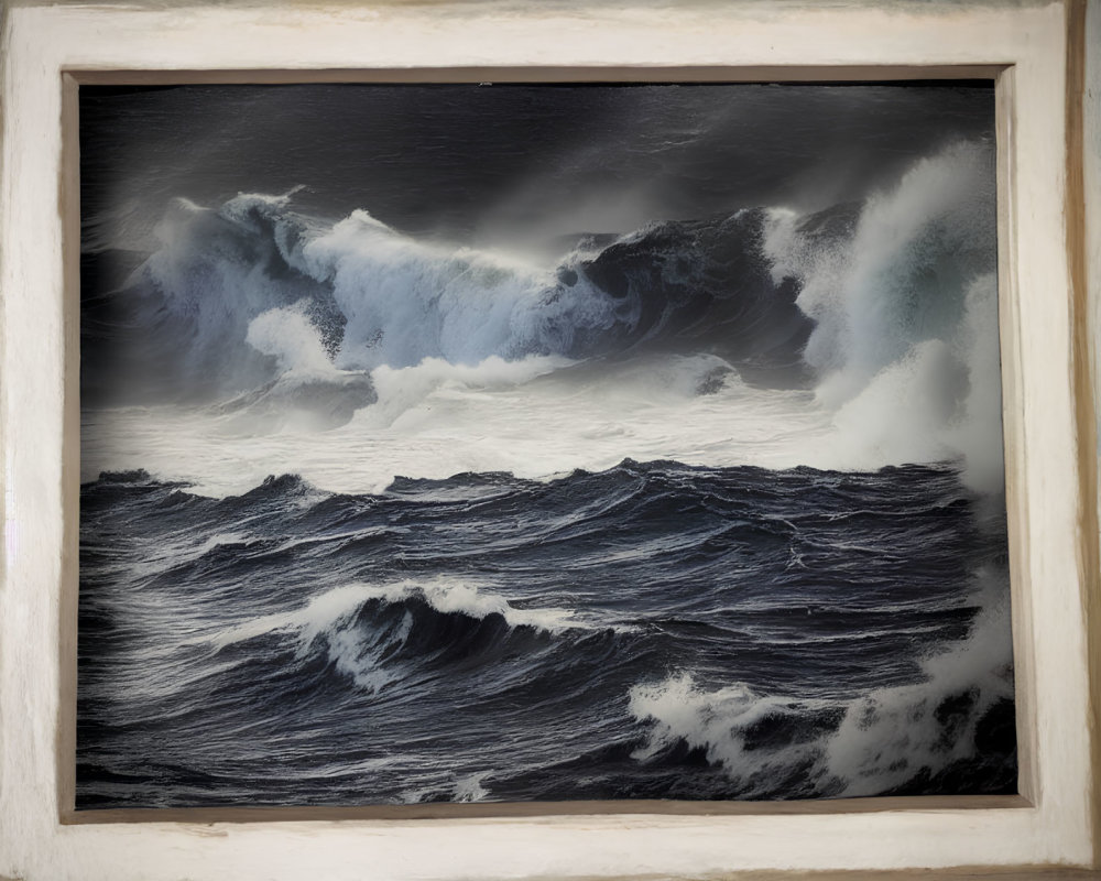 Stormy Ocean Waves Framed on Textured Wall