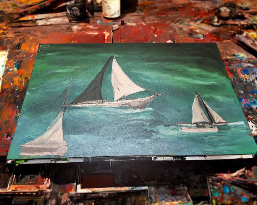 Vibrant sailboat painting with messy palette on worktable