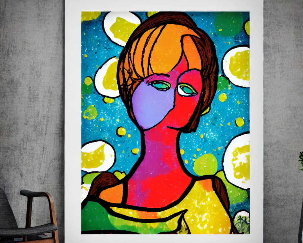 Colorful Abstract Portrait with Bold Outlines and Vibrant Tones Beside a Chair