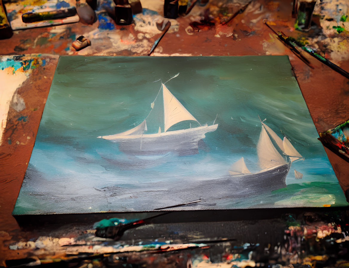 Sailboats painting on artist's palette with green background