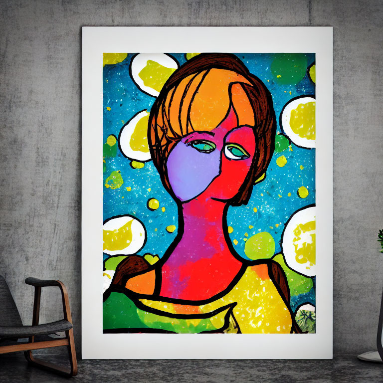 Colorful Abstract Portrait with Bold Outlines and Vibrant Tones Beside a Chair