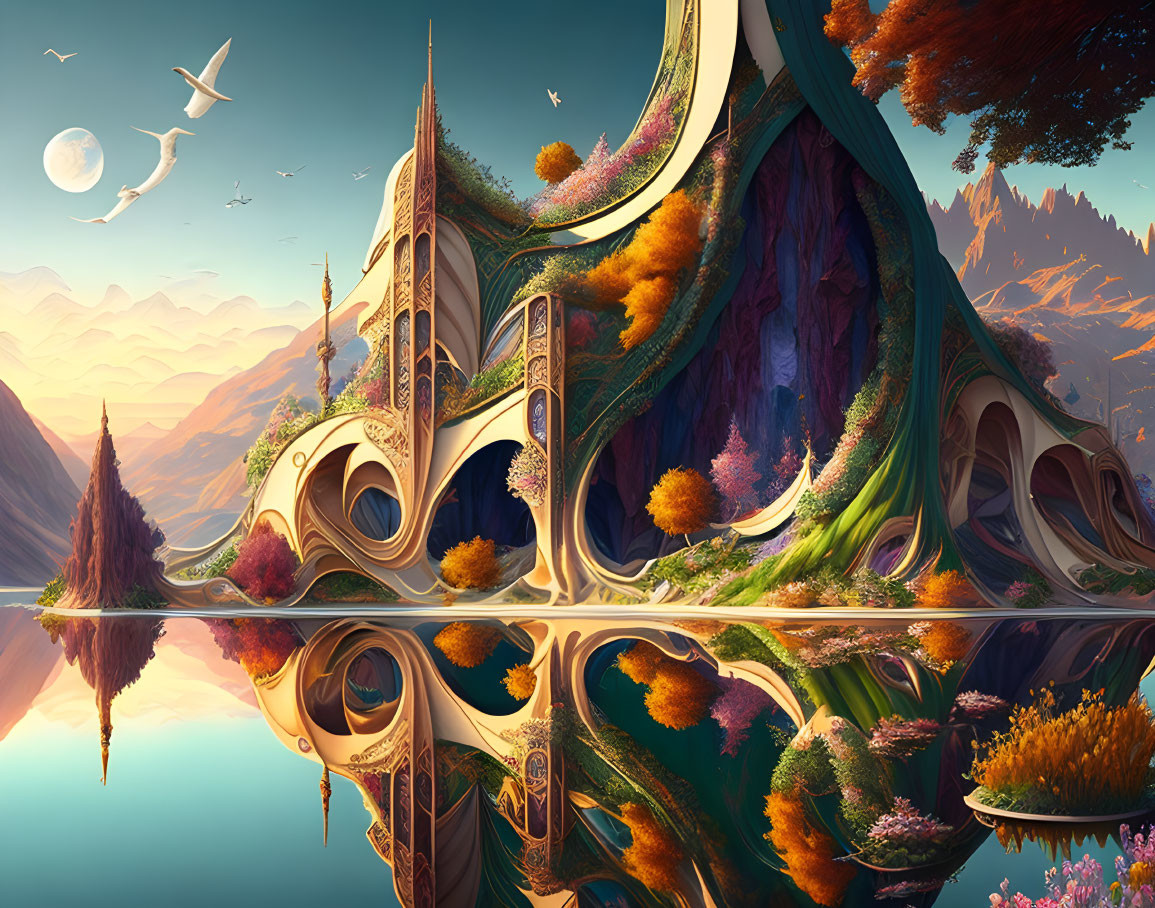 Fantasy landscape with organic structure, lake reflection, autumn trees, and flying birds at sunset