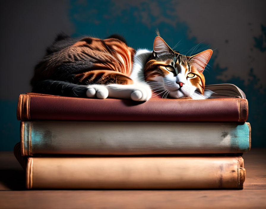 Calico Cat Relaxing on Stack of Books in Warm Lighting