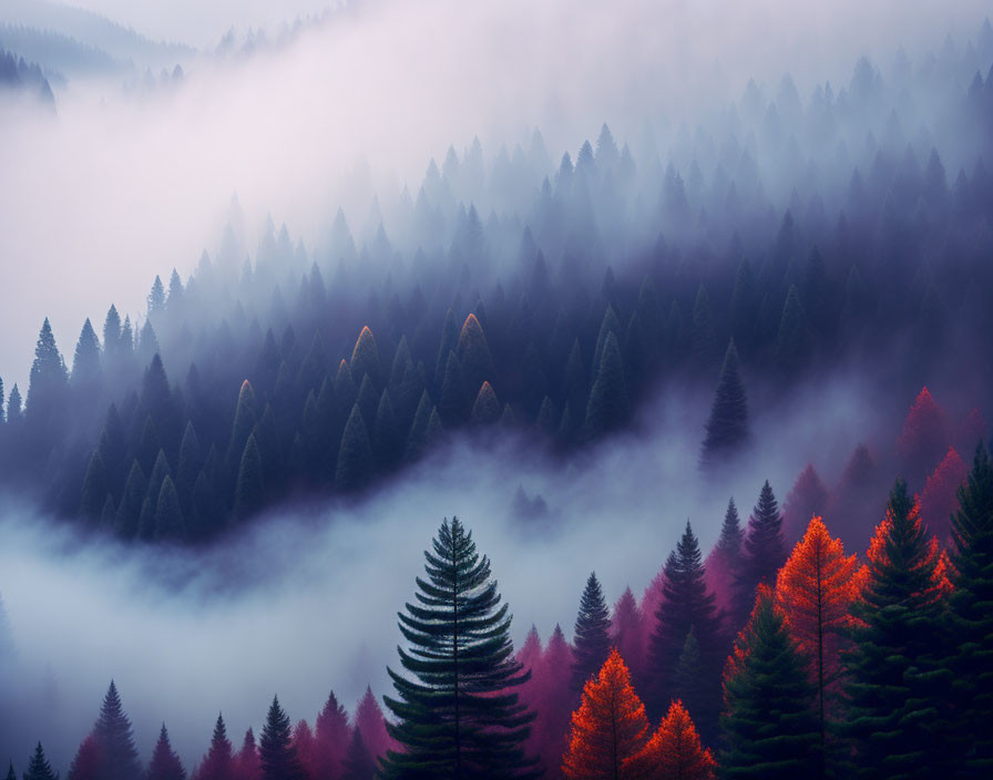 Misty forest with evergreen and autumn trees in foggy hills