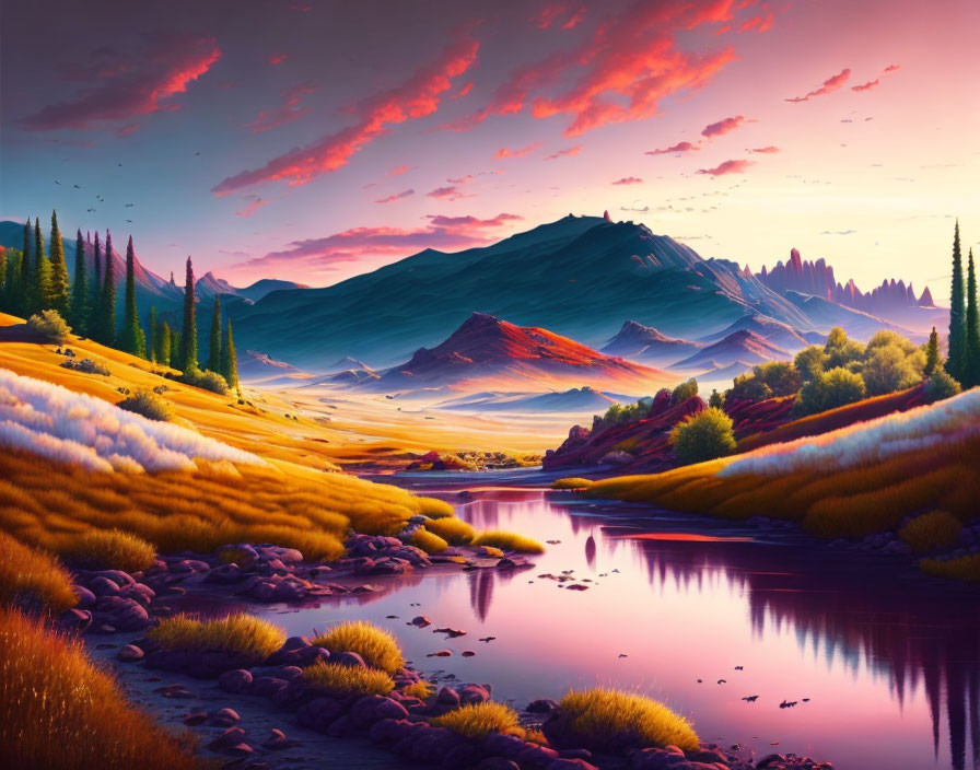 Scenic landscape with river, sunset sky, meadows, trees, mountains