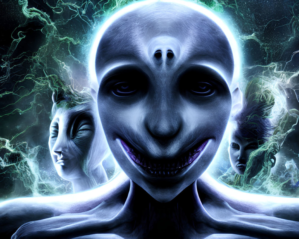 Surreal digital artwork: central alien face with ghostly faces on cosmic backdrop