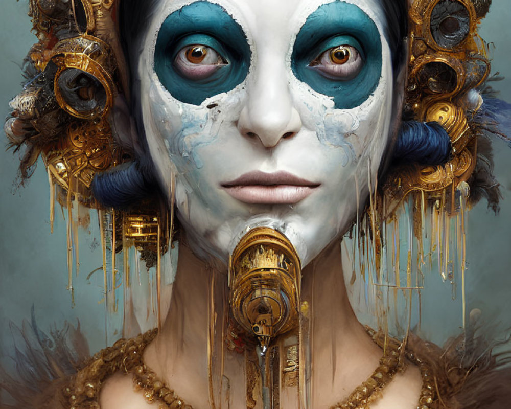 Portrait of a person with ornate headdress, mechanical elements, white face paint, and blue ey