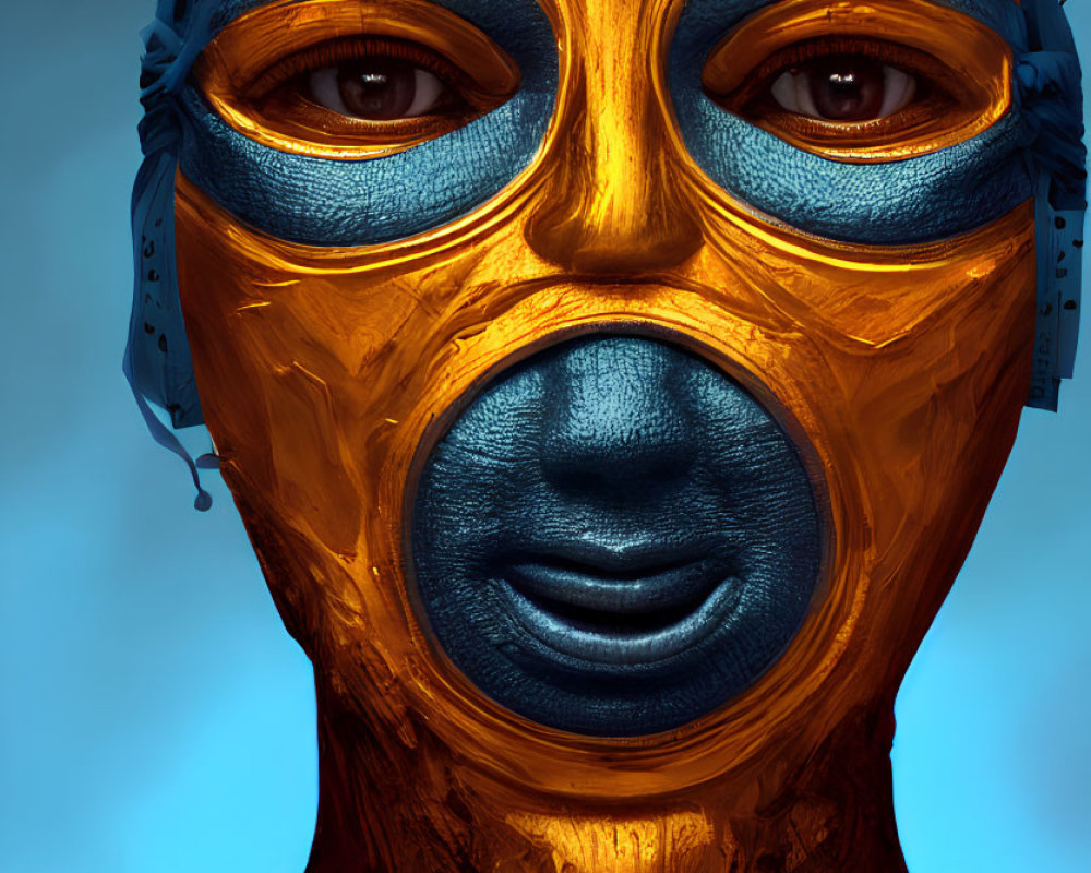 Detailed Close-Up of Person in Metallic Gold and Blue Face Mask