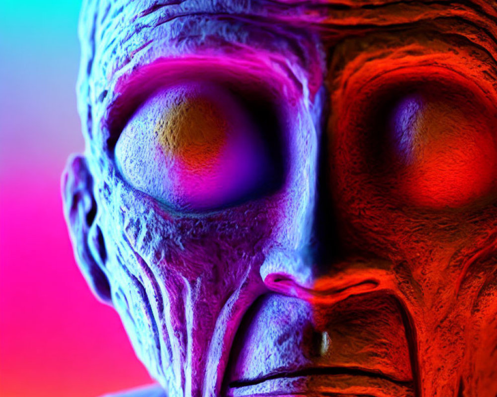 Vibrant neon colors on textured alien-like face