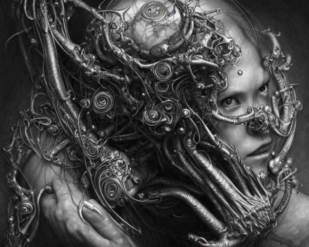 Detailed Monochrome Artwork: Person Intertwined with Biomechanical Designs