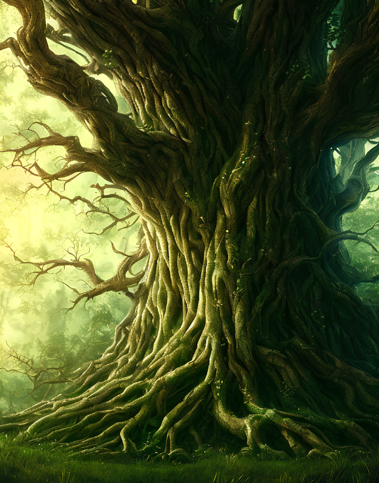 Ancient majestic tree in mystical green forest