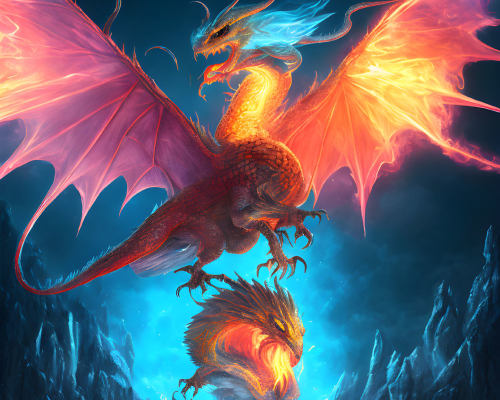 Majestic red dragon with glowing wings in fiery whirlwind scenery