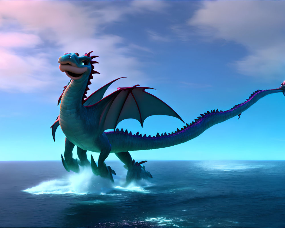 Blue-scaled animated dragon with red wings over ocean and clear sky