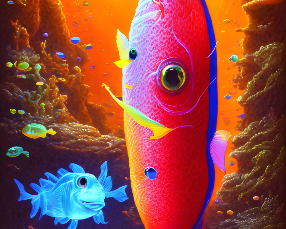 Colorful Underwater Scene with Large Red Fish and Coral Reef