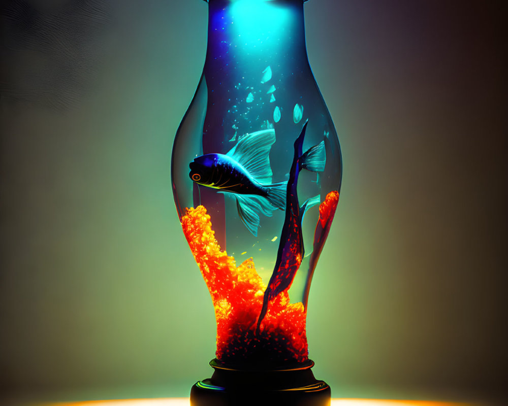 Colorful digital art: Goldfish in light bulb with coral and bubbles