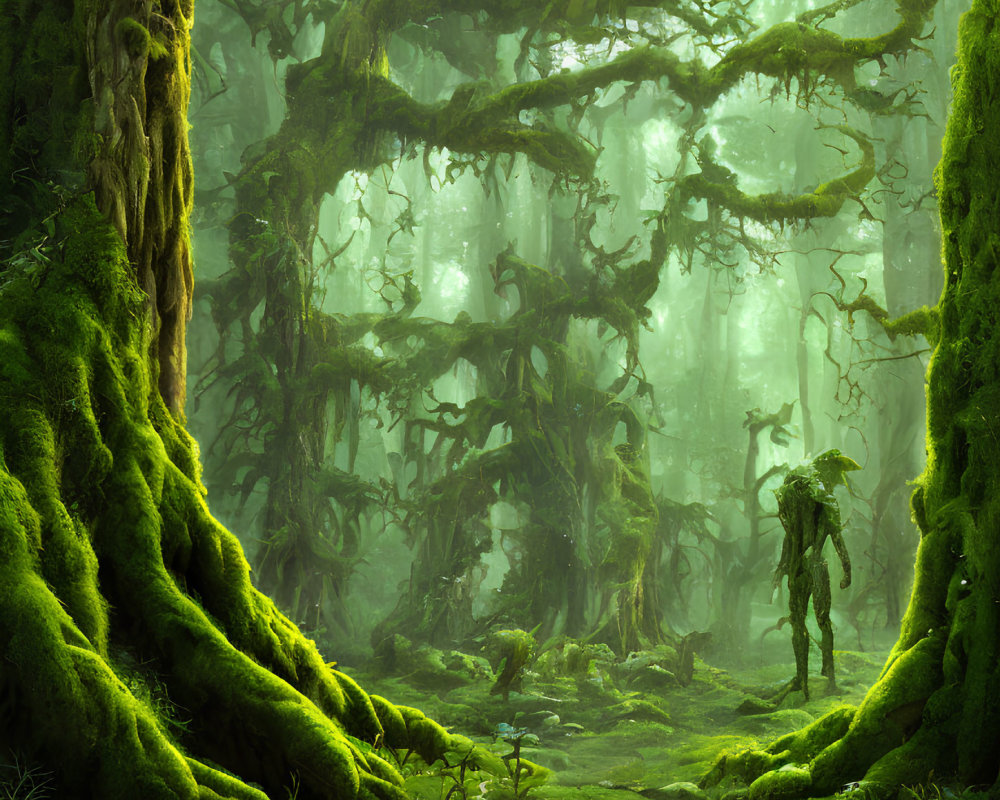 Ethereal green forest with moss-covered trees and humanoid tree figure