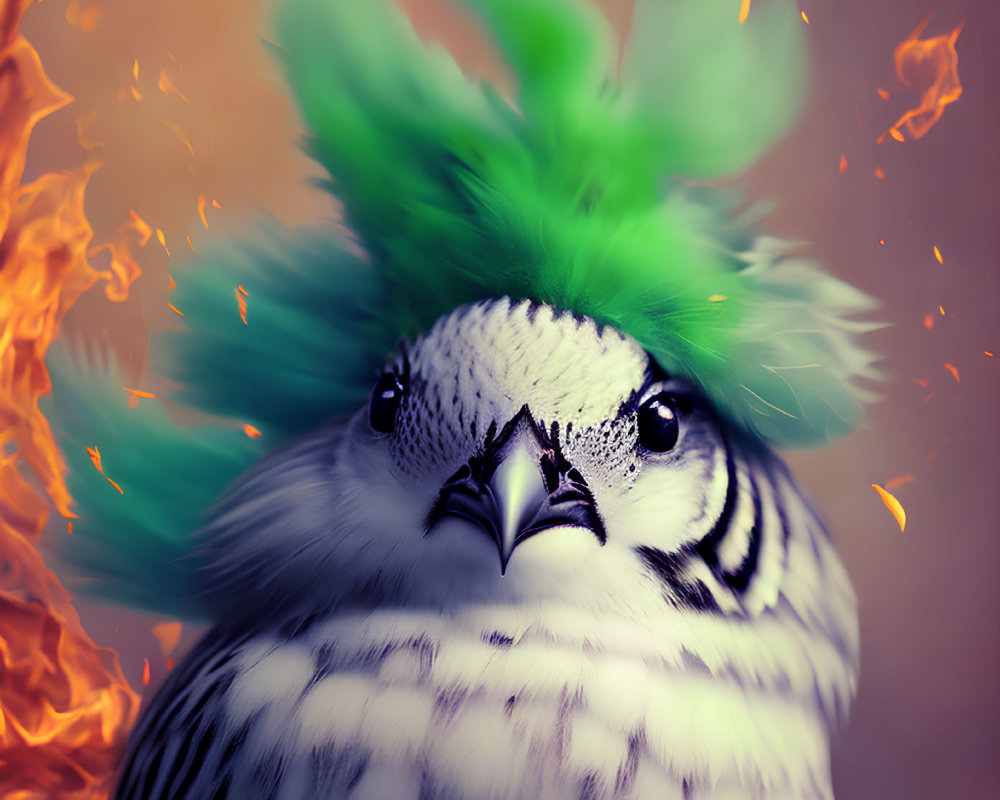 Bird with Green Crest Against Fiery Orange Background