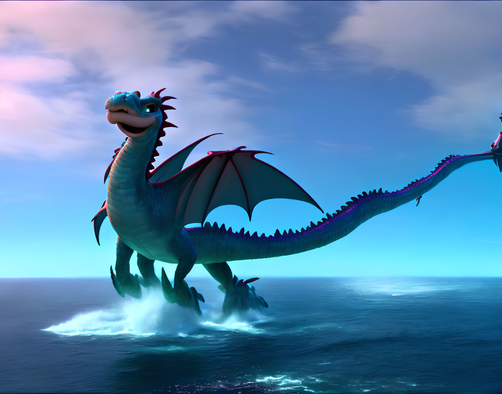Blue-scaled animated dragon with red wings over ocean and clear sky