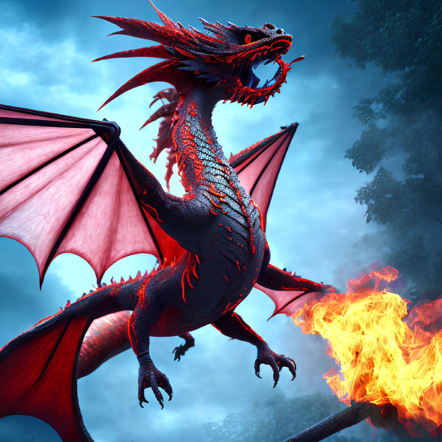 Red Dragon Breathing Fire on Blue Background