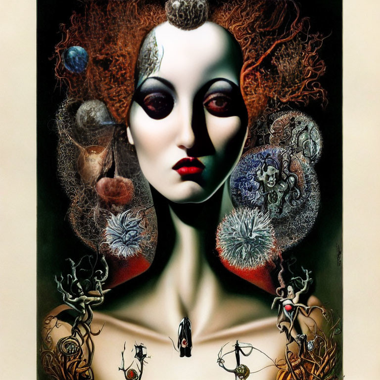 Surrealist portrait of pale-faced woman with cosmic and organic elements and fantastical creatures.