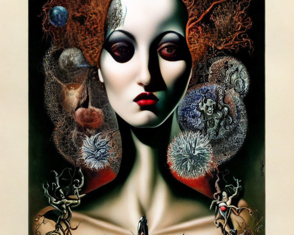 Surrealist portrait of pale-faced woman with cosmic and organic elements and fantastical creatures.