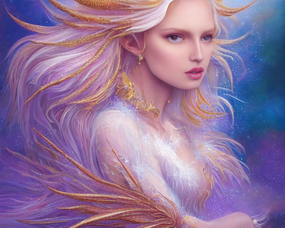 Woman with Golden Hair and Feathers in Iridescent Gown amid Star-Filled Background