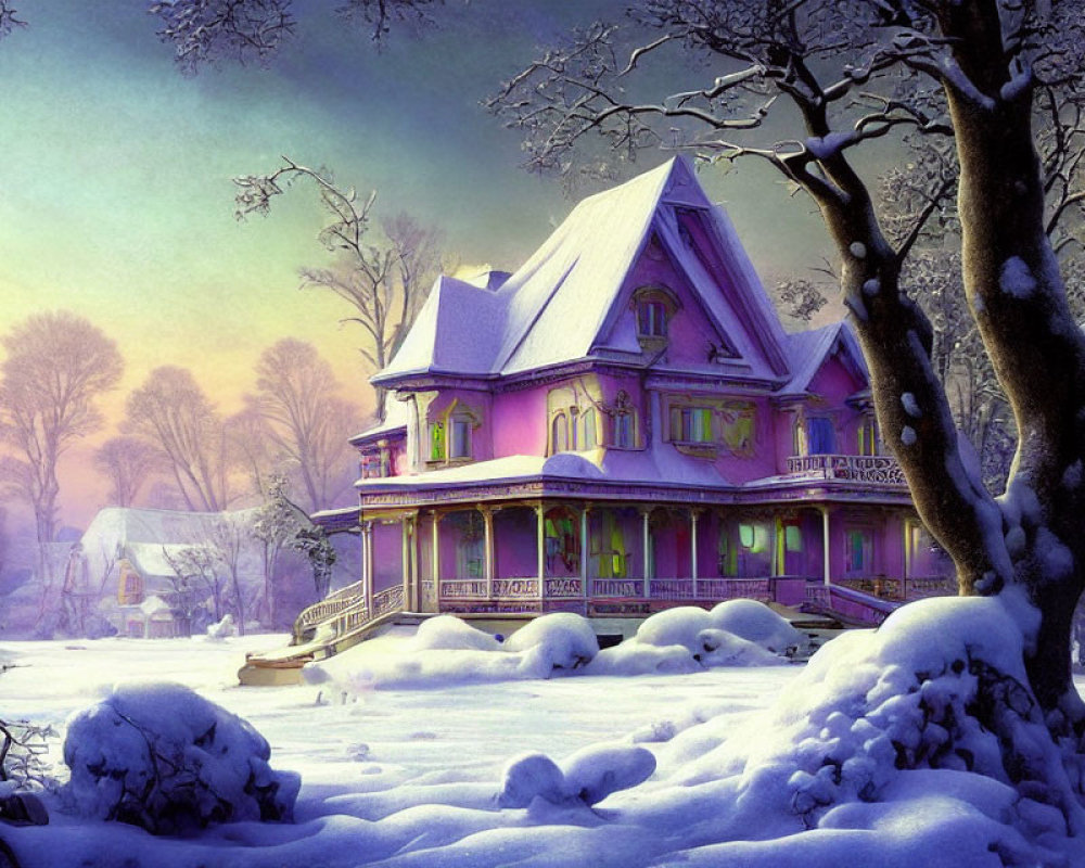 Vibrant Purple Victorian House in Snowy Landscape
