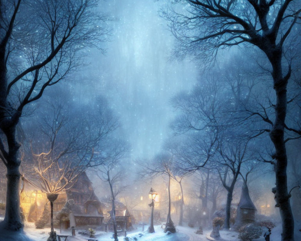 Snowy Winter Village Scene with Bare Trees and Glowing Streetlamps