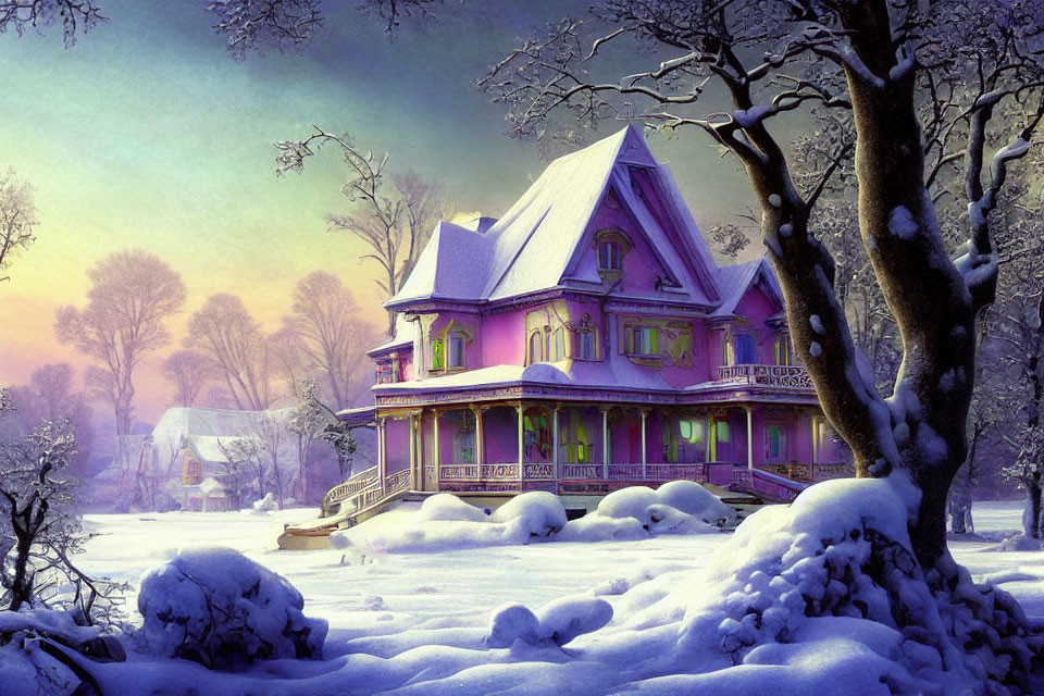 Vibrant Purple Victorian House in Snowy Landscape