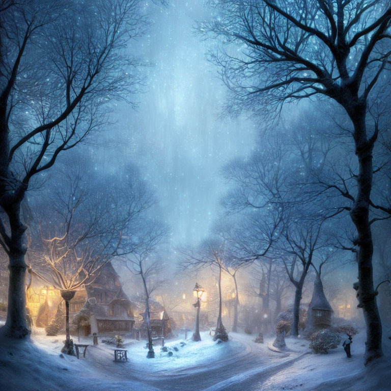 Snowy Winter Village Scene with Bare Trees and Glowing Streetlamps