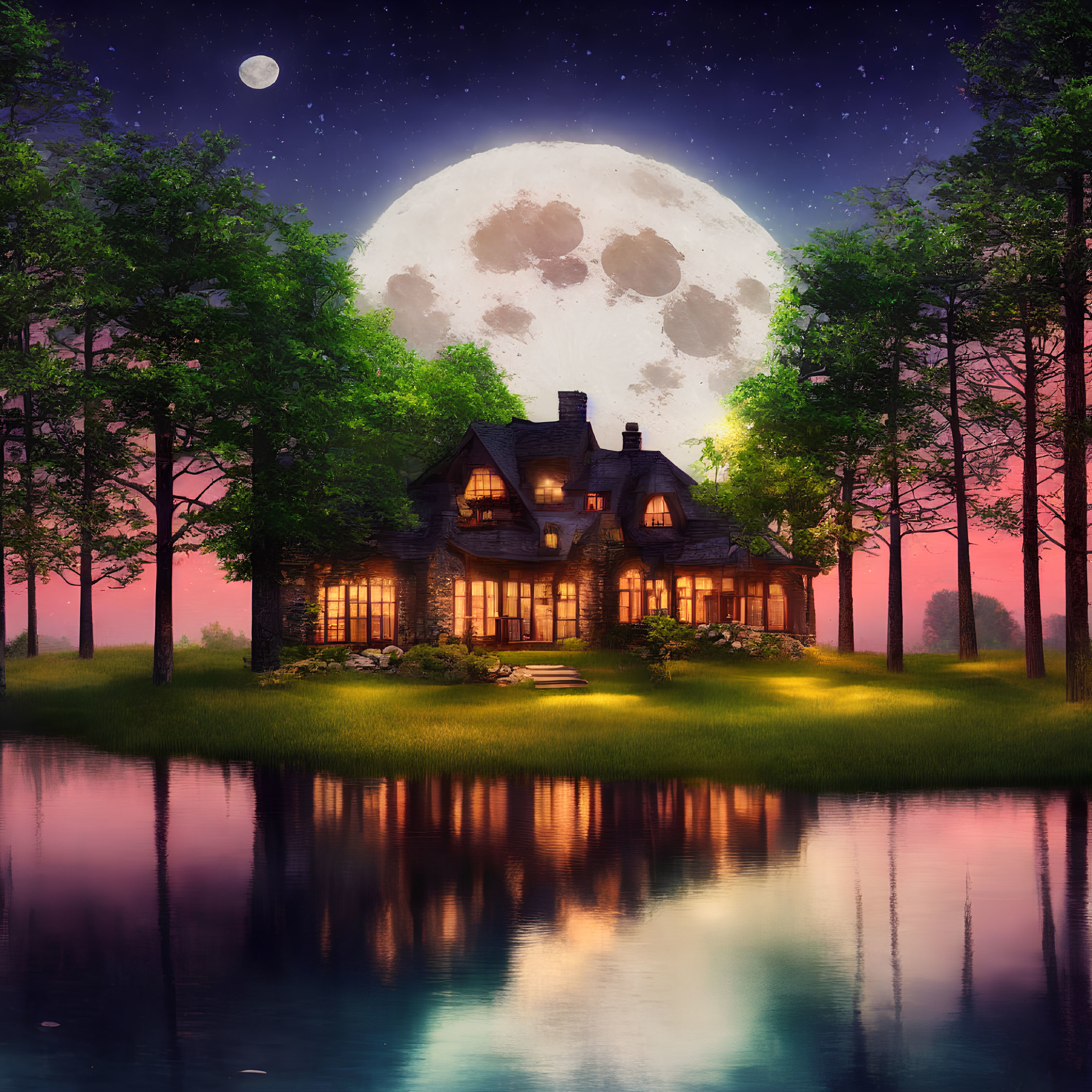 Cozy house by lake under starry sky with full moon