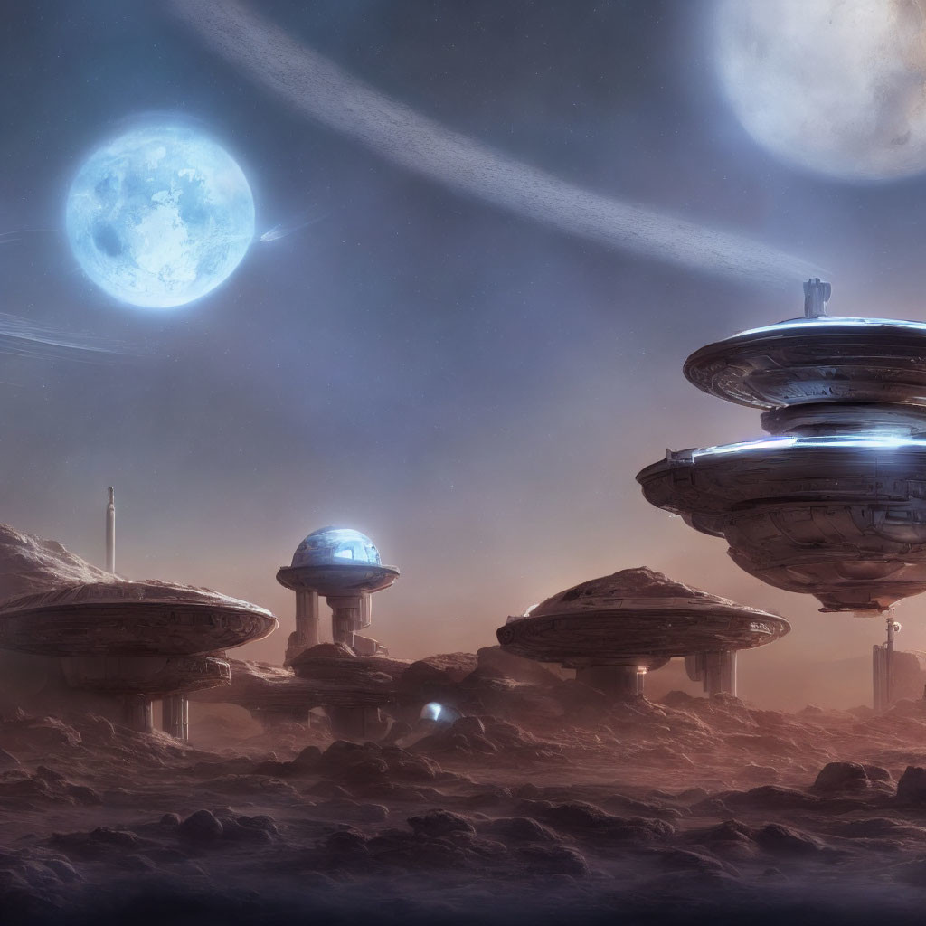 Futuristic alien world with mushroom-shaped buildings under night sky