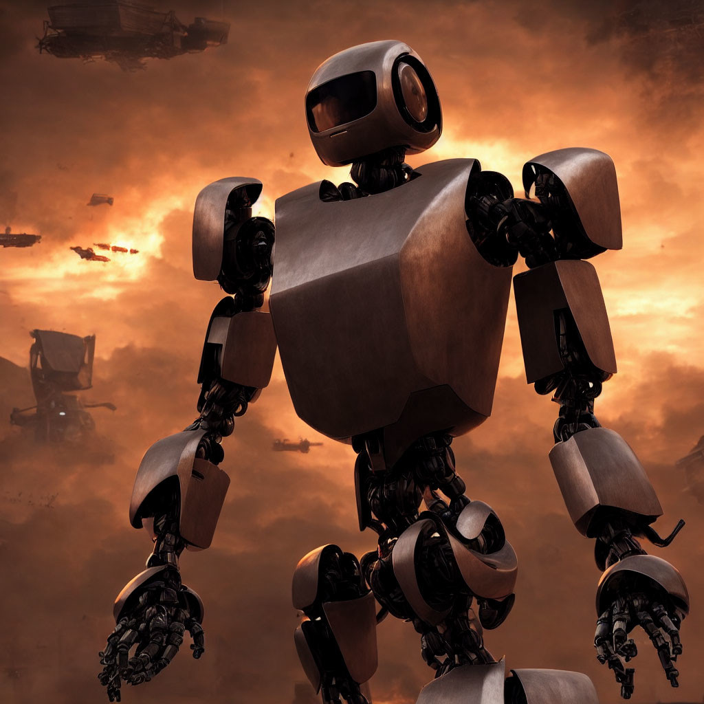 Giant humanoid robot under orange sky with mechanical structures