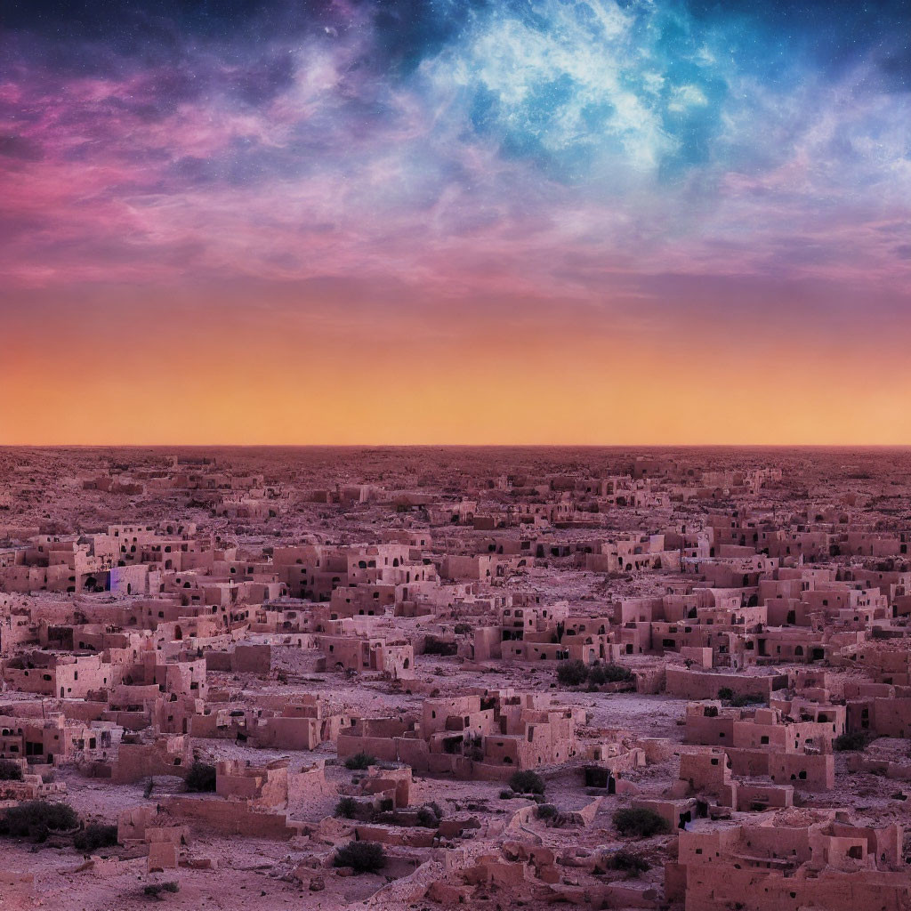 Vibrant Twilight Sky Over Desert Townscape