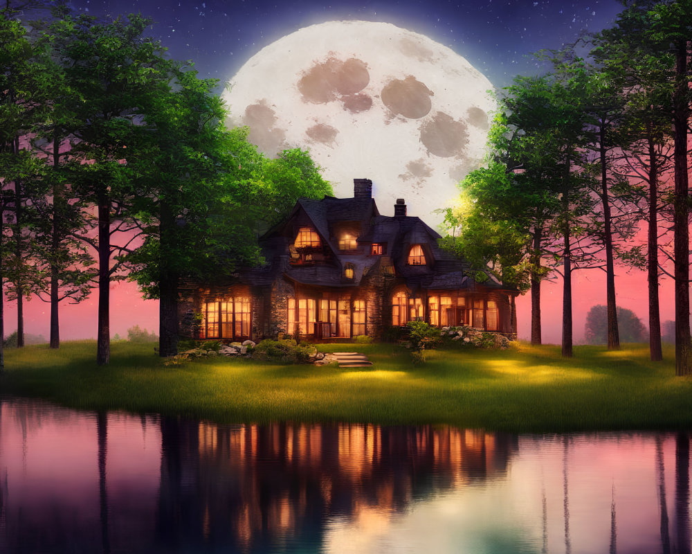 Cozy house by lake under starry sky with full moon