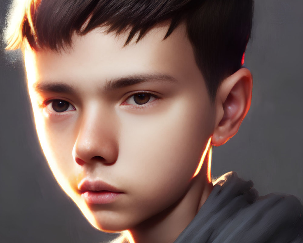 Young boy with intense eyes and glowing orange lines on dark background
