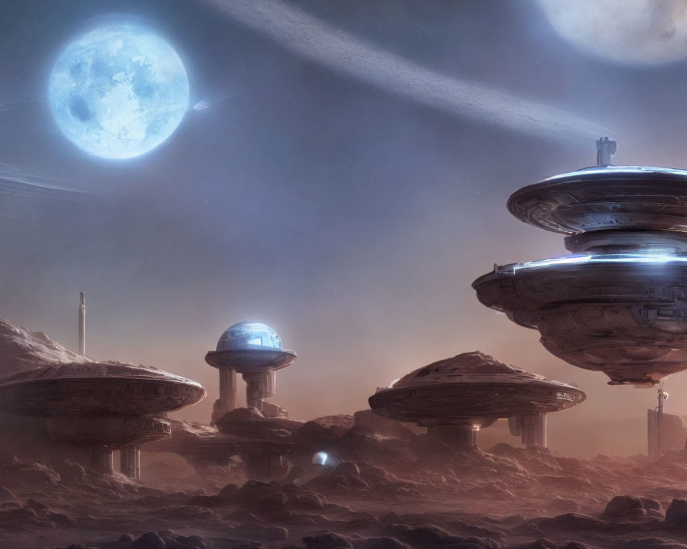 Futuristic alien world with mushroom-shaped buildings under night sky