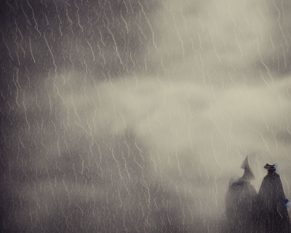 Person under umbrella in heavy rainstorm under stormy sky