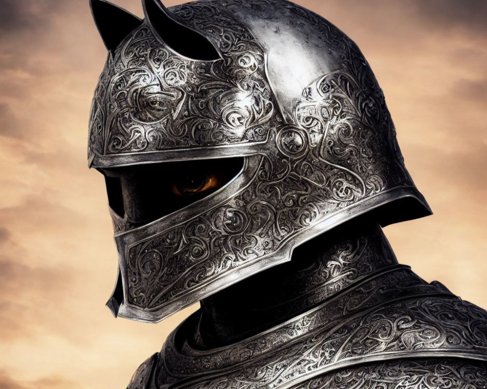 Detailed Medieval Helmet with Glowing Eye Against Moody Sky