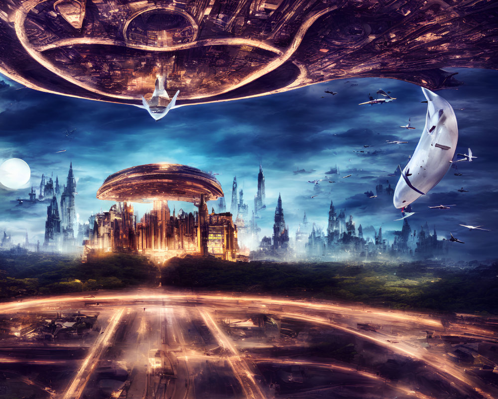 Futuristic sci-fi cityscape with flying vehicles and colossal ring structure