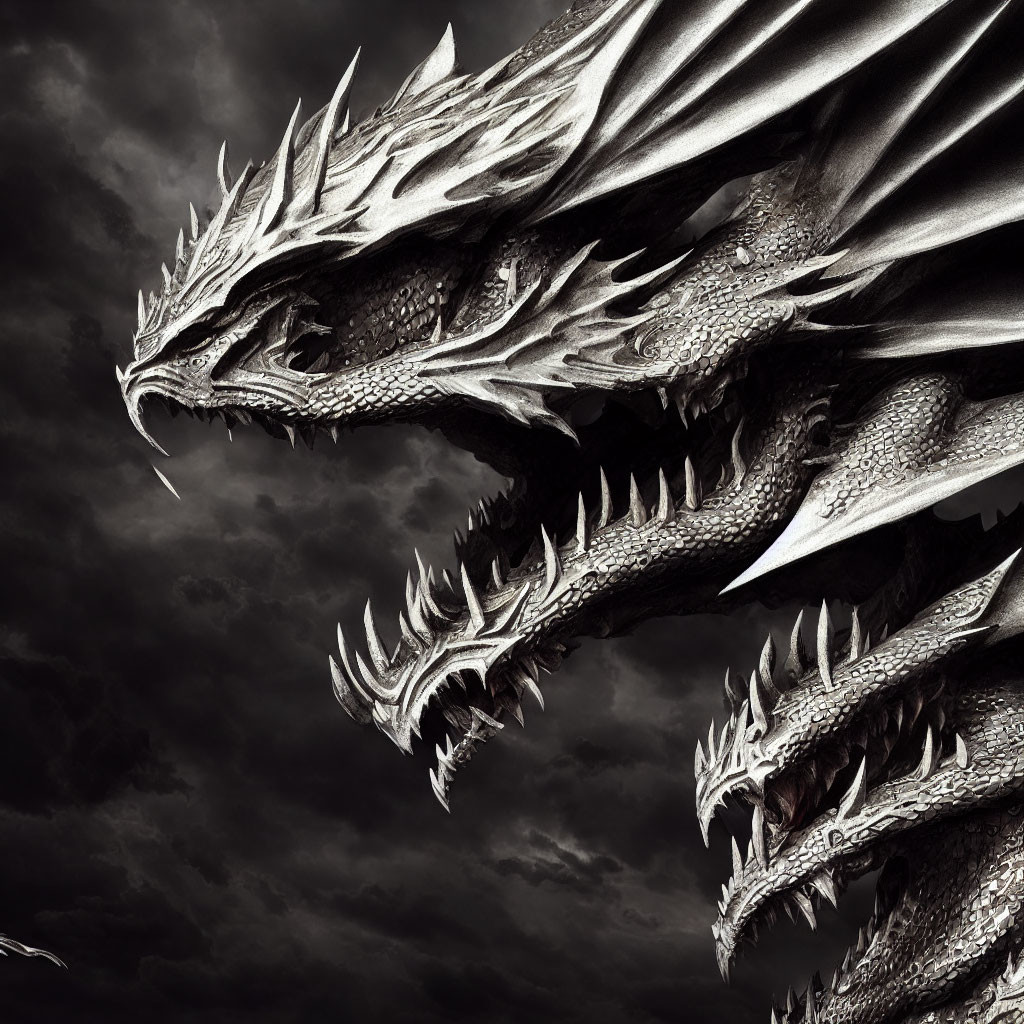 Detailed close-up of multi-headed dragon under stormy sky