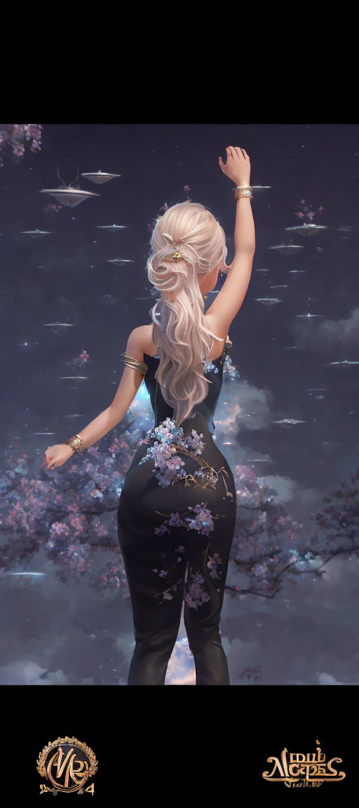 Blonde character in black floral outfit under mystical sky