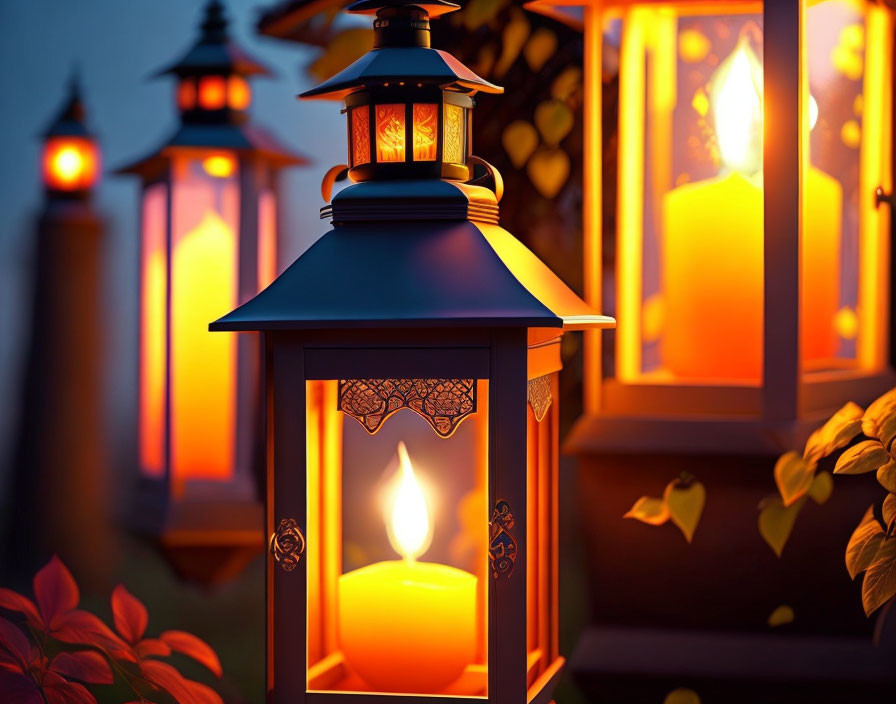 Illuminated outdoor lantern with candle, hanging lanterns, and glowing window frames at dusk