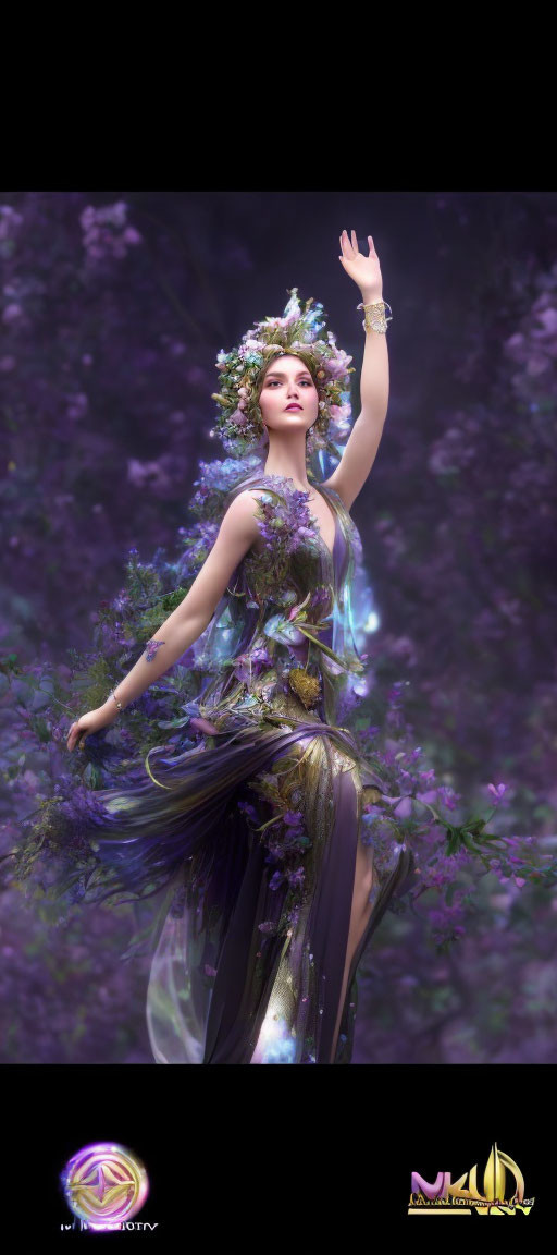 Elegant woman in floral outfit with crown surrounded by purple flowers