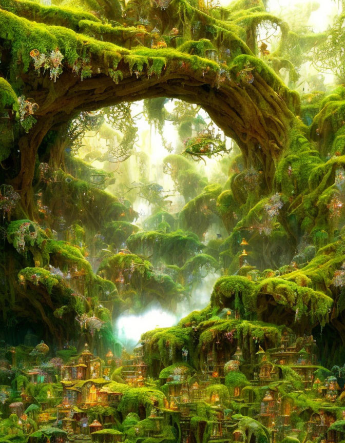 Lush green moss-covered natural arch in mystical forest
