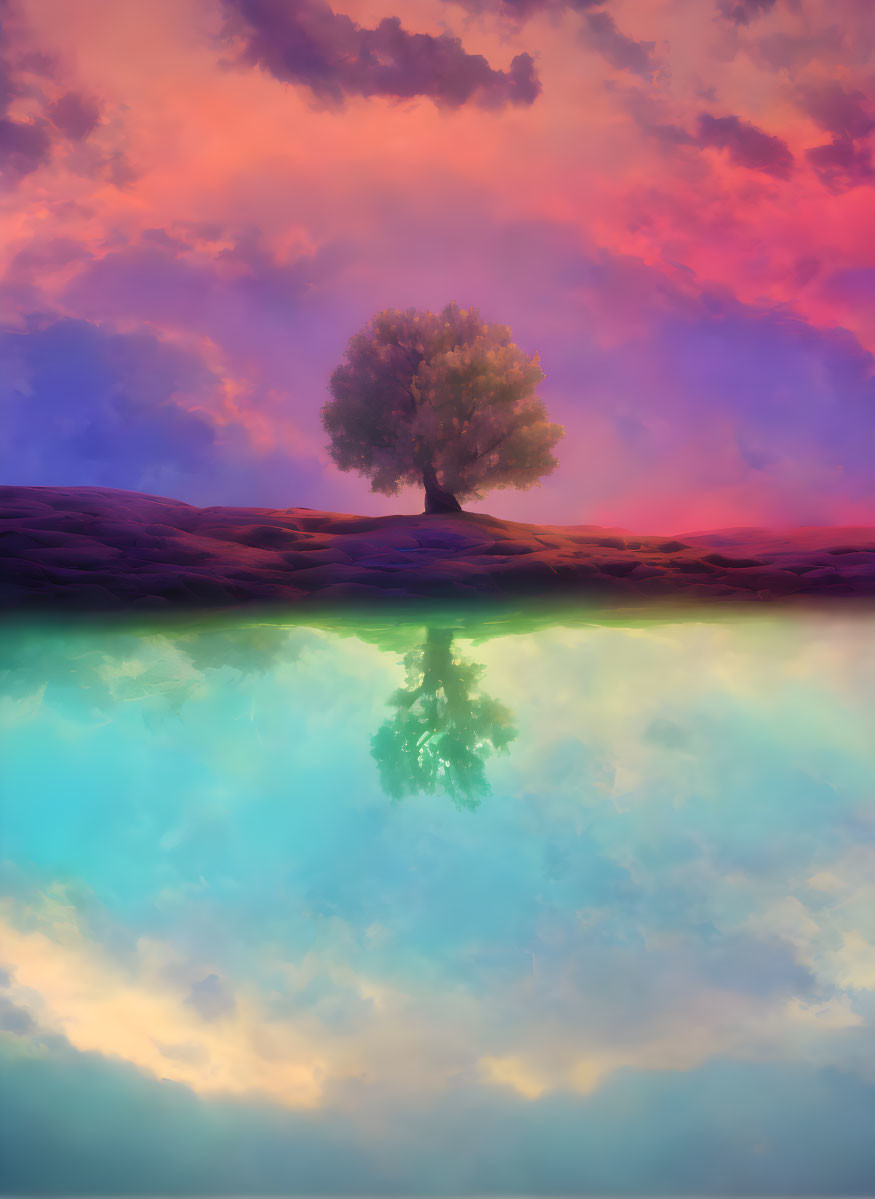 Solitary Tree on Hilltop Reflecting in Water Under Vibrant Sky
