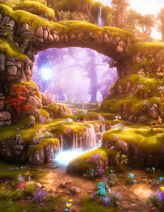 Enchanting forest scene with stone arch bridge, waterfalls, flowers, and ethereal light