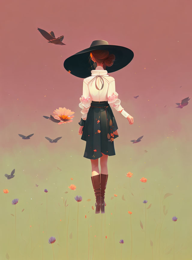 Woman in wide-brimmed hat surrounded by birds and flowers at twilight